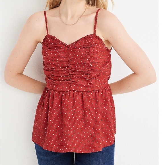 Maurices Polka Dot Ruched Peplum Tank Top - Picture 1 of 7